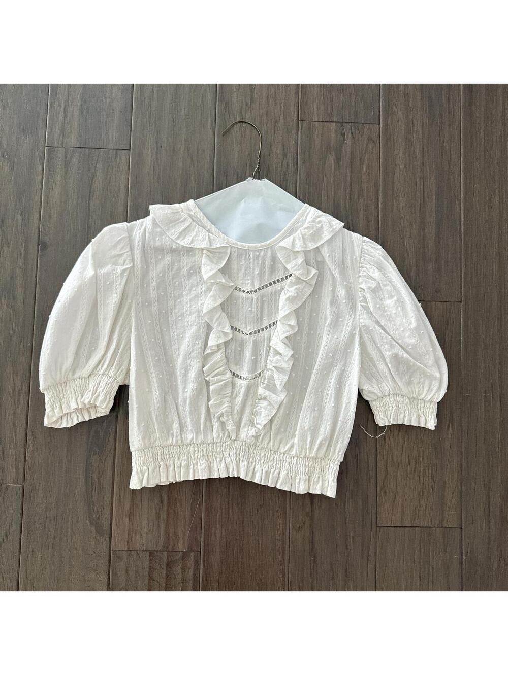 White Ruffled Crop Blouse with Puff Sleeves